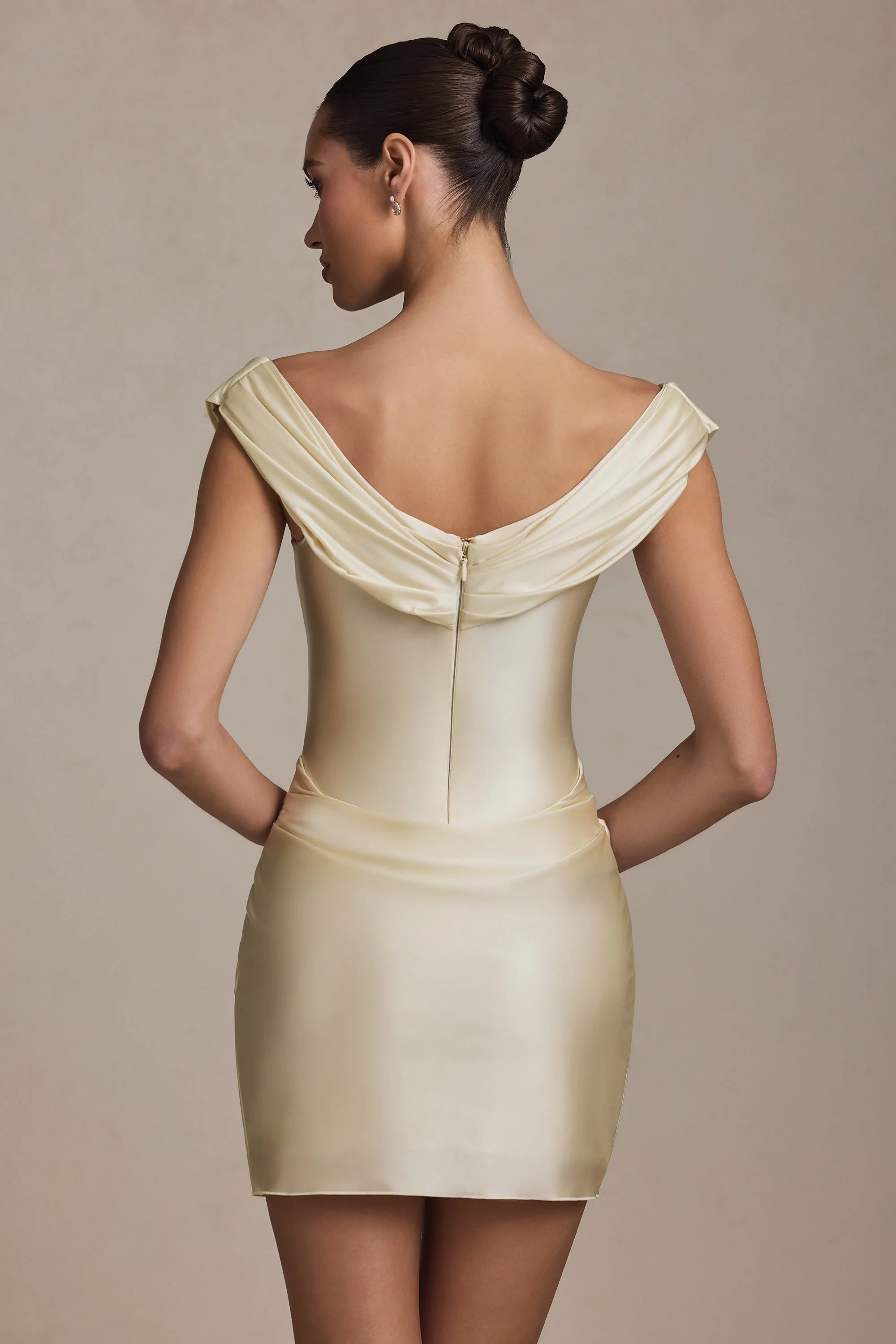 Off-Shoulder Draped Mini Dress in Ivory