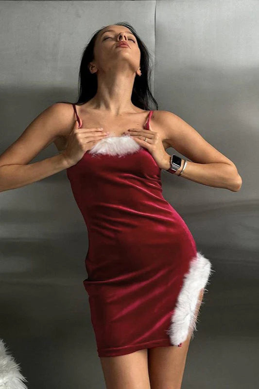 Christmas Sling Fur Trimmed High Split Sexy Velvet Dress