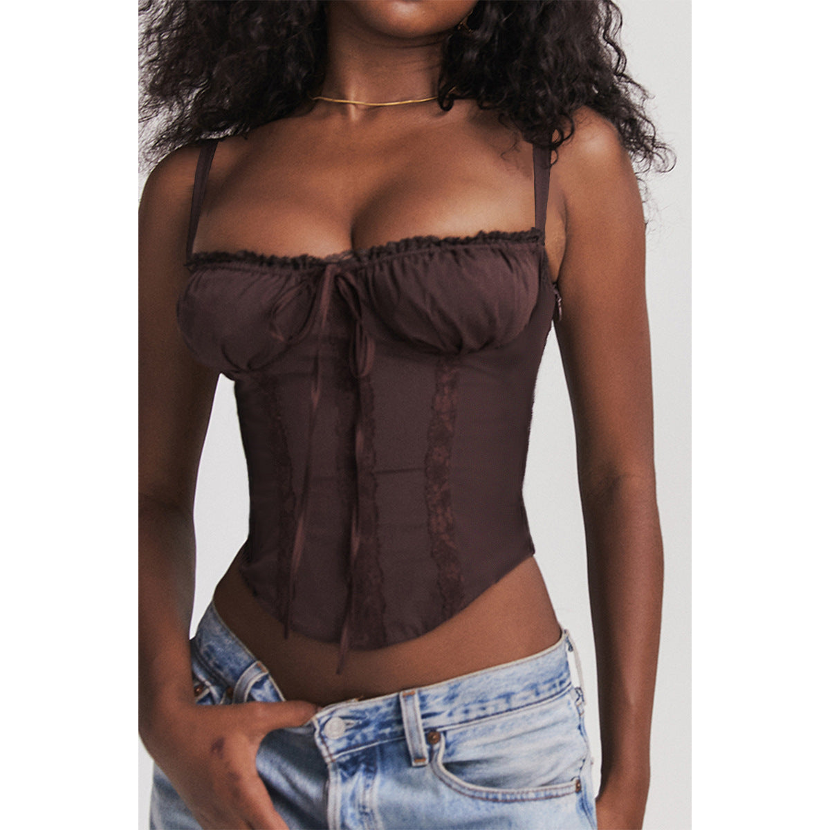 Coffee Lacework Solid Color Cropped Tanks