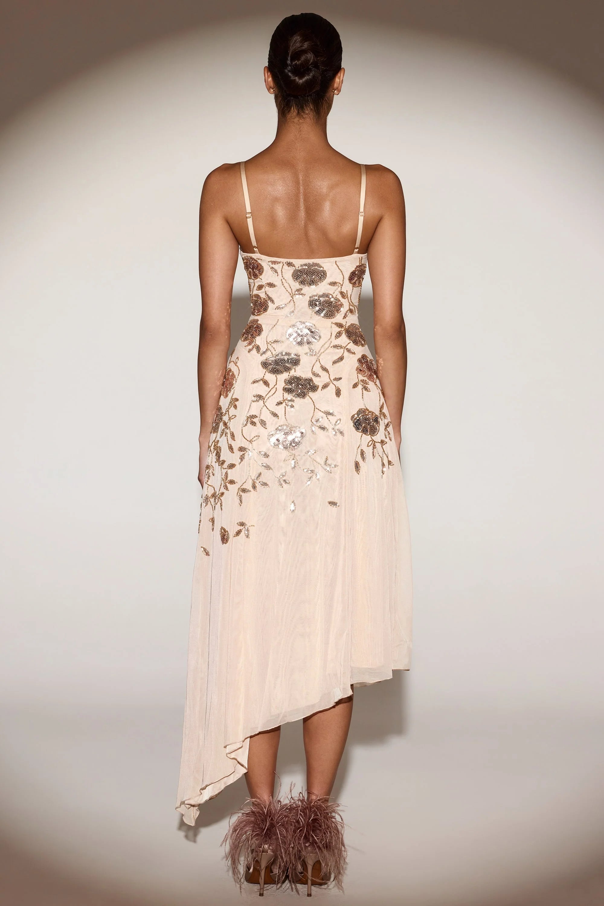 Embellished Asymmetric Midaxi Dress in Gold