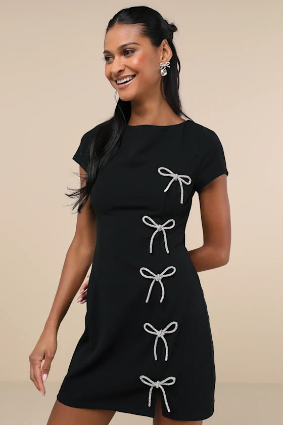 Endearing Sparkle Black Rhinestone Bow Mini Dress